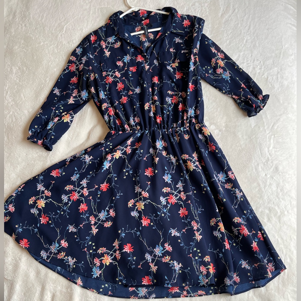 GFLOCK Navy Dark Floral Long Sleeve Midi Dress Size 10